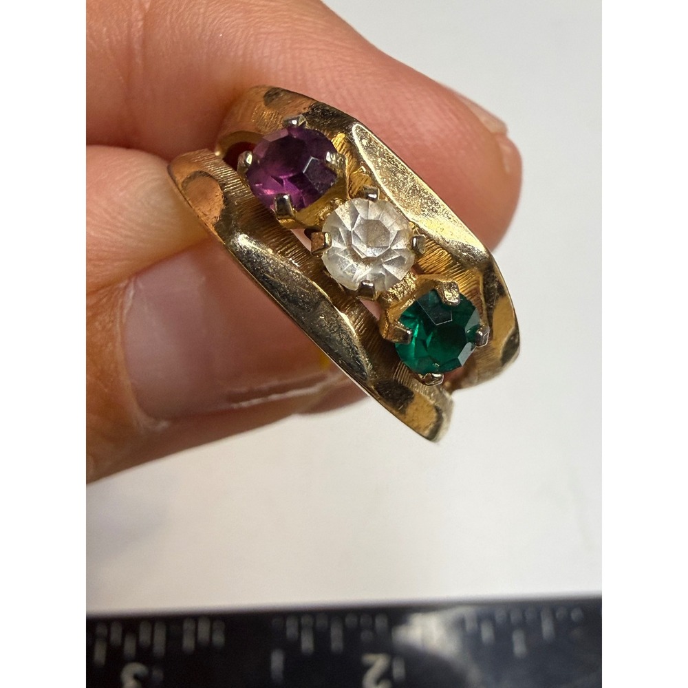Sarah Coventry Vintage Gold Tone Multi Color Rhinestone Bypass Ring Size 7.5